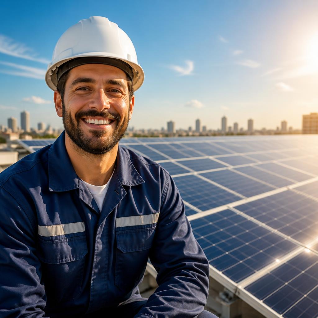 Técnico de Solar del Plata junto a instalación de paneles solares